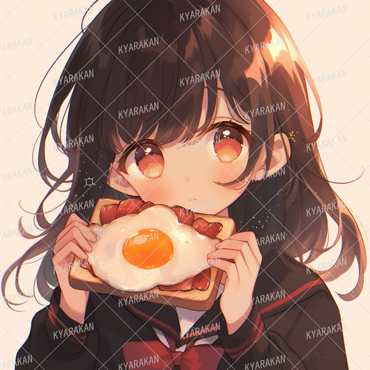 AC-0663: Black-haired girl holding toast with fried egg and bacon in her hand.