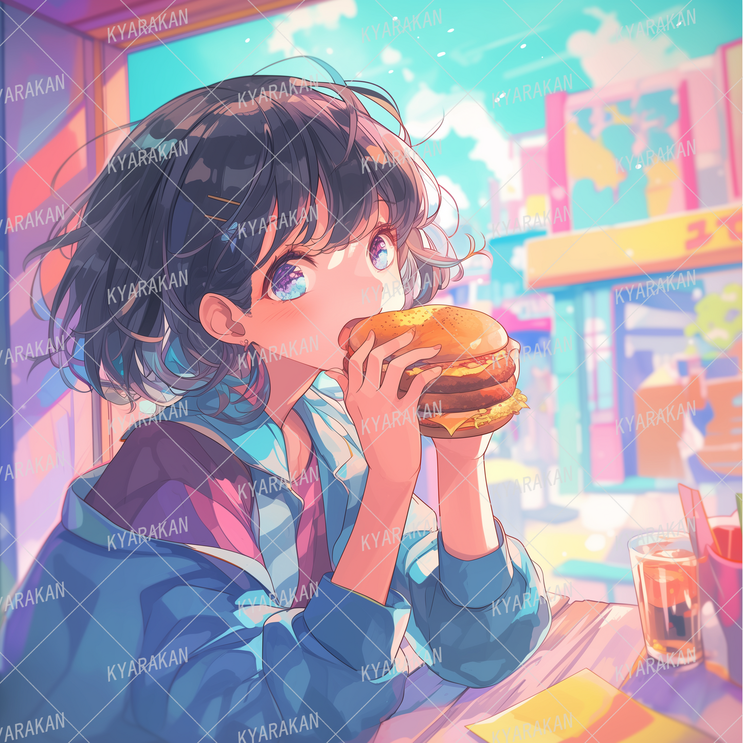 AC-0665: Black-haired girl biting into a hamburger at a fast food restaurant