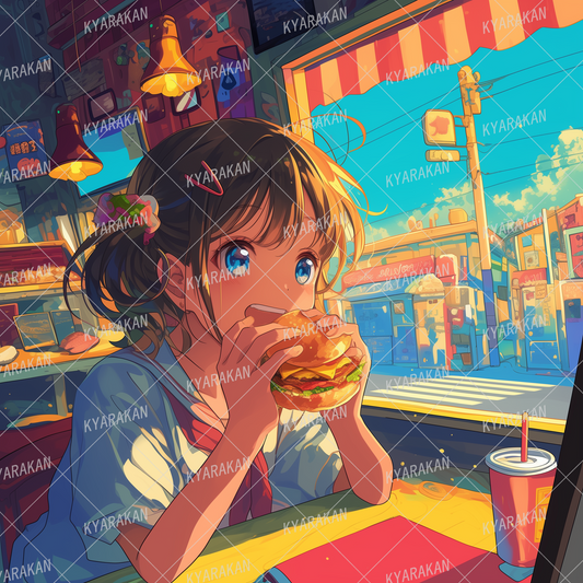 AC-0666: Girl eating a cheeseburger at a fast food restaurant