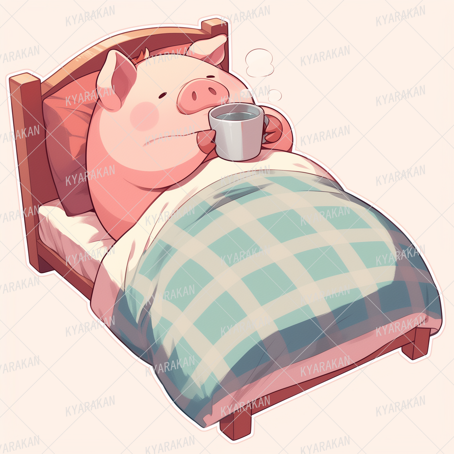 AC-0674: A pink piglet holding a mug while lying on the bed.