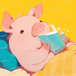 AC-0675: Pink piglet drinking water from a mug in bed