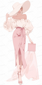 AC-0769: A woman wearing a white hat with a large brim and carrying a pink clutch bag.