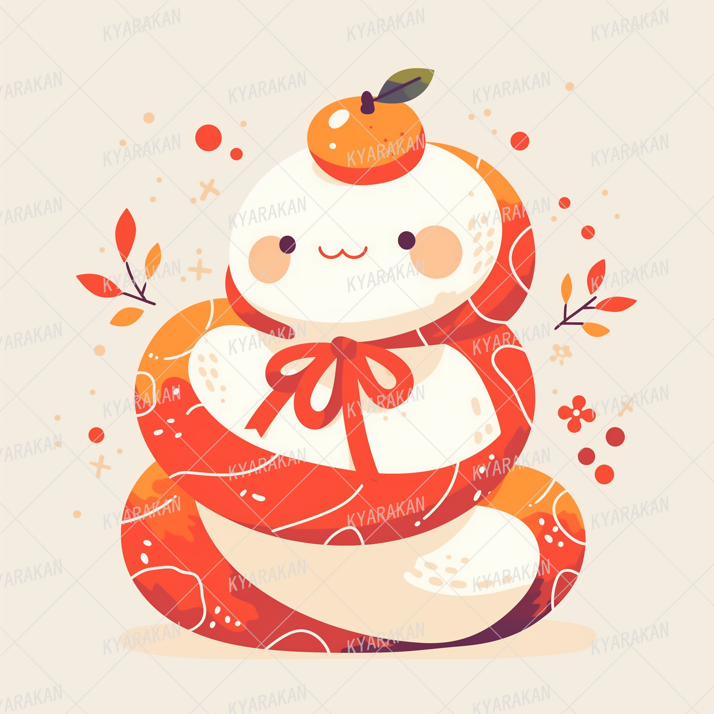 AC-0797: Snake-shaped kagami mochi with a cute red and white pattern topped with mandarin oranges