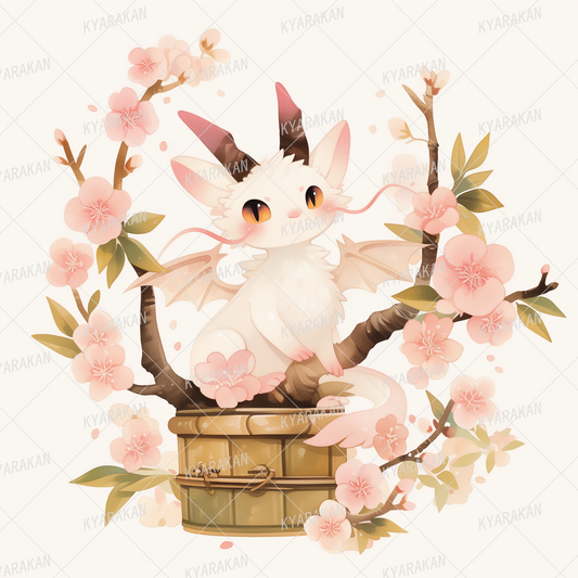 AC-0799: A cute little dragon sitting on a bucket surrounded by cherry blossoms in full bloom