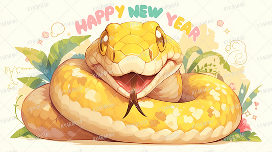 AC-0829: New Year's card art of a golden snake symbolizing happiness and prosperity