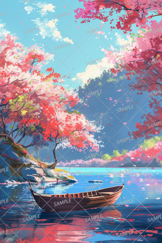 AC-0001 Cherry blossoms in full bloom and a small boat