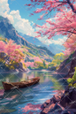 AC-0002 Mountain and cherry blossom scenery