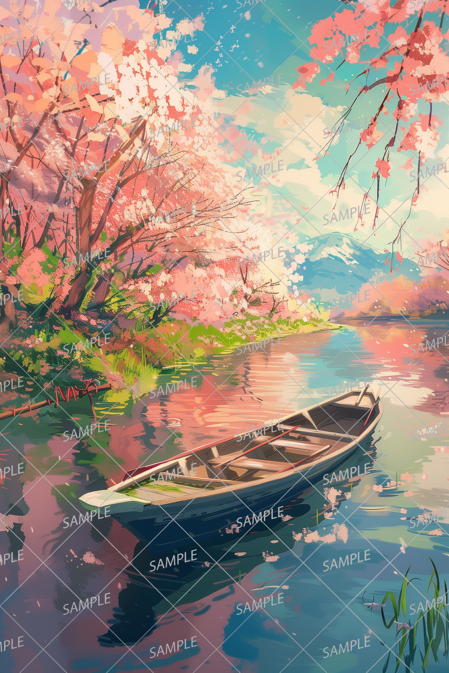 AC-0003 Cherry blossoms and a small boat illuminated on a spring day