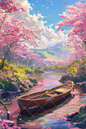 AC-0006 A boat and cherry blossoms floating under a perfect blue sky