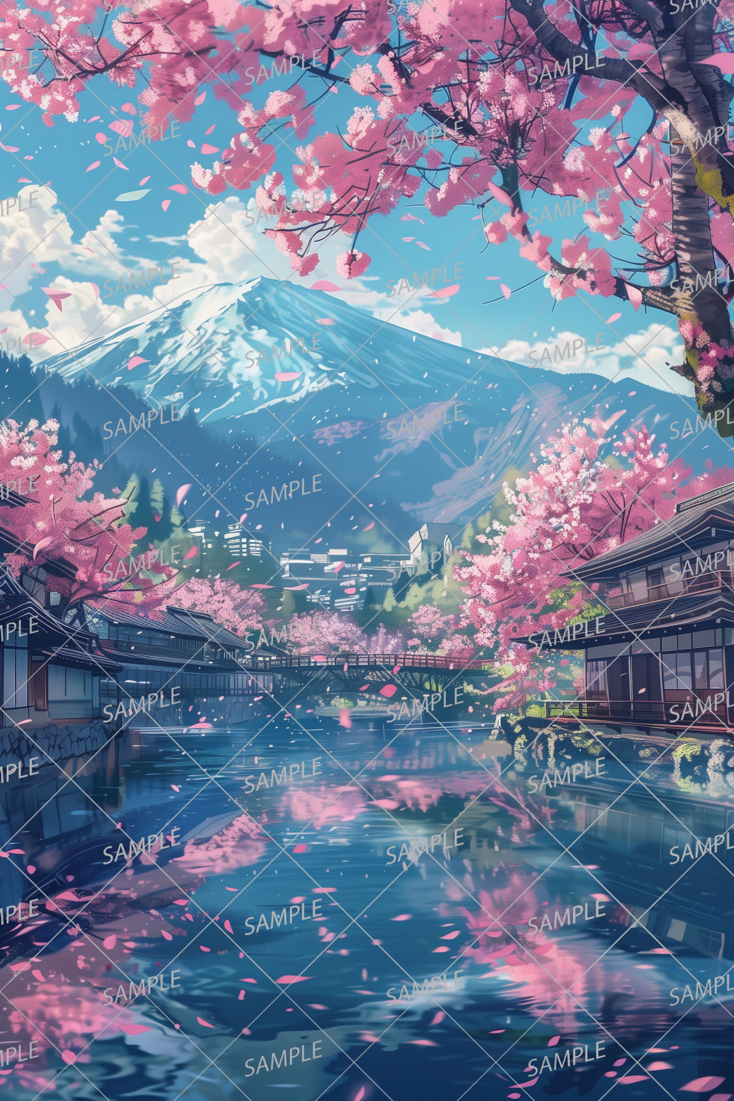 AC-0008 Perfect cherry blossoms, town and mountains