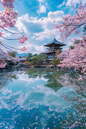 AC-0013 Floating temple and cherry blossoms on the waterfront