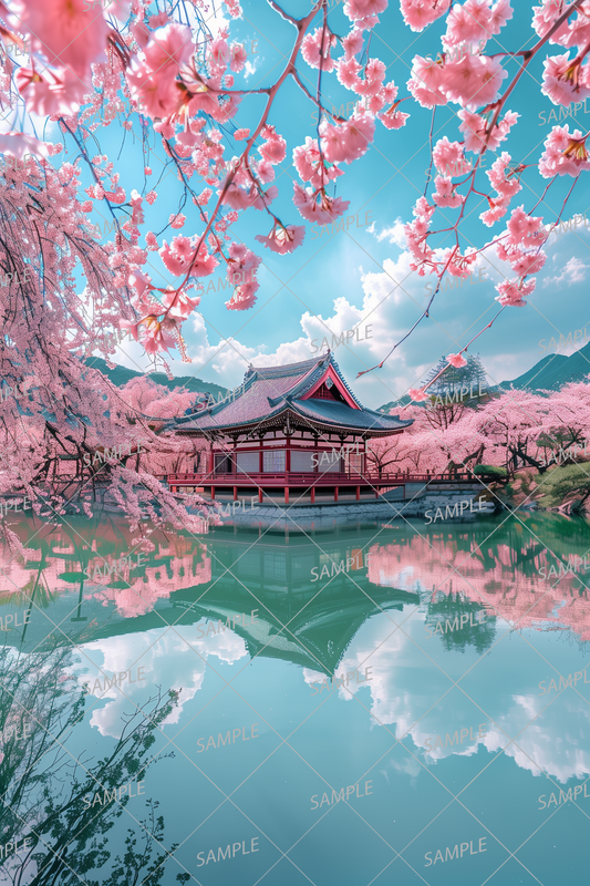 AC-0014 Floating temple and cherry blossoms on the water