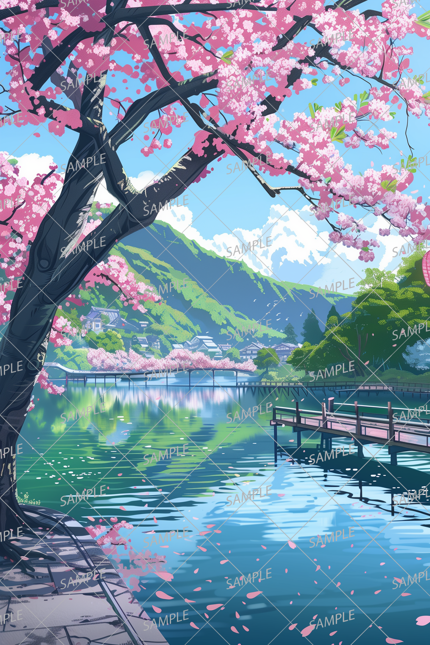 AC-0017 Bridge, cherry blossoms and mountains