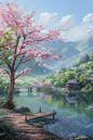 AC-0018 Bridge, cherry blossom trees and mountains