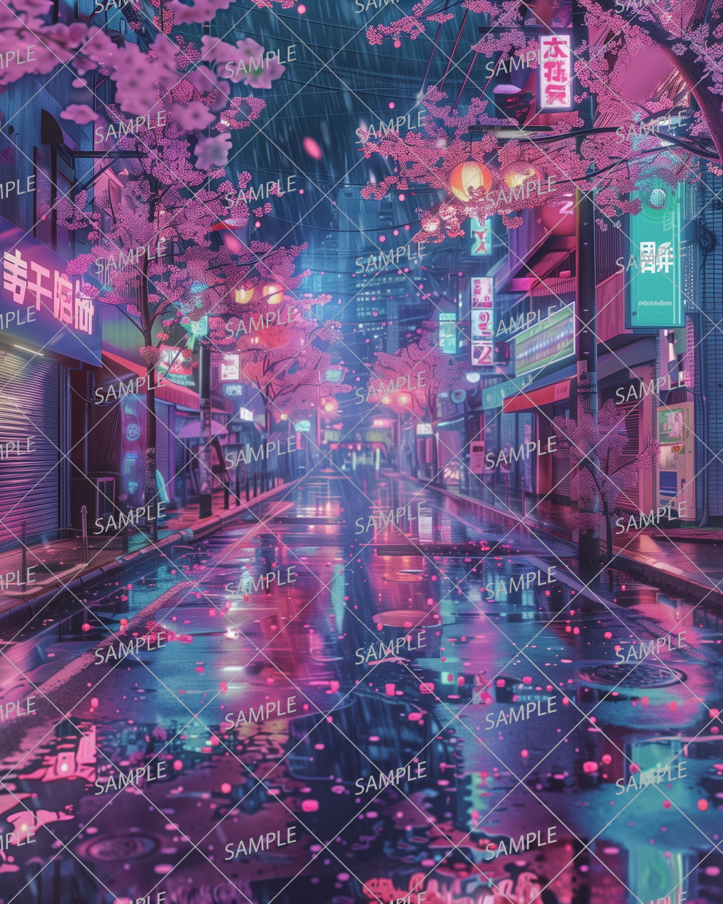 AC-0022 A city of cherry blossoms illuminated by neon lights