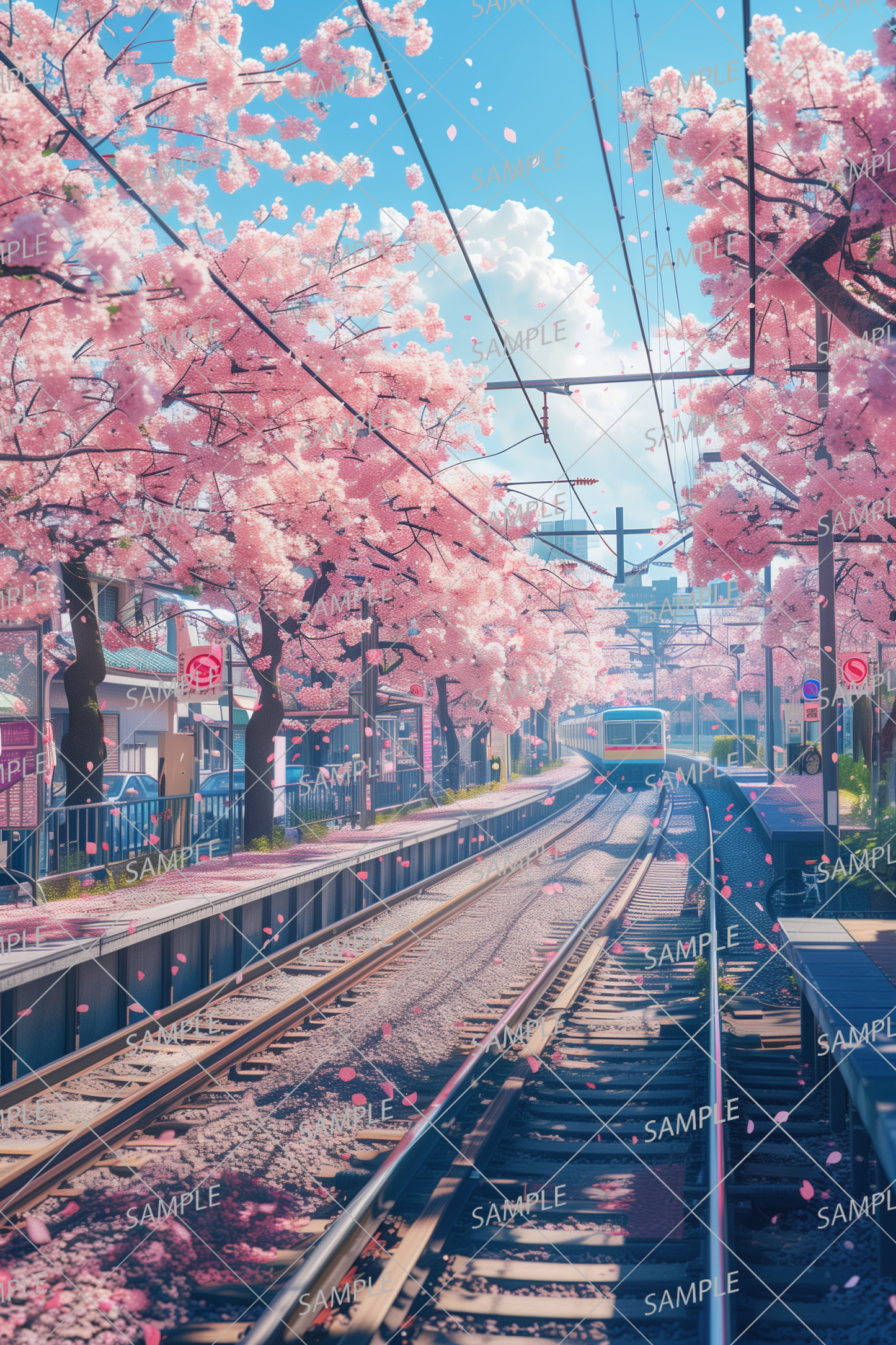 AC-0026 Cherry blossom petals fluttering around the train platform