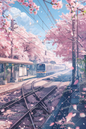 AC-0028 A train running on the tracks amidst falling cherry blossoms