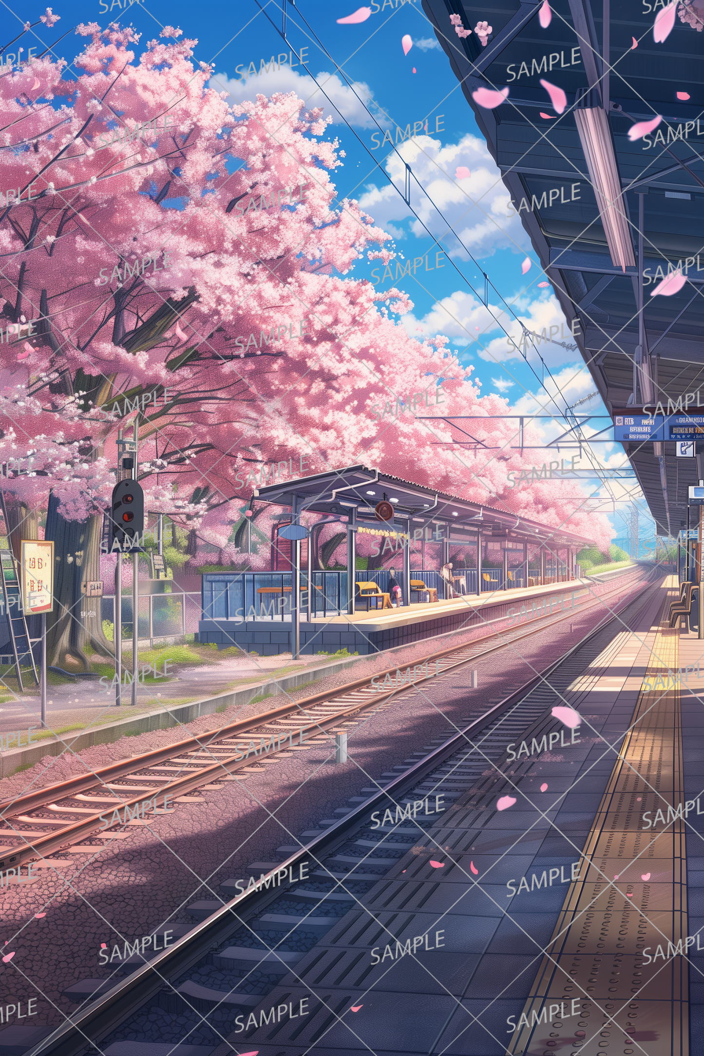 AC-0029 A train platform with cherry blossom petals falling