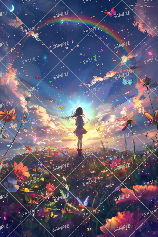 AC-0062 Flower field, rainbow and girl