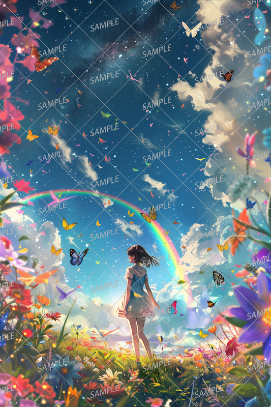 AC-0063 Rainbow, flower field and girl