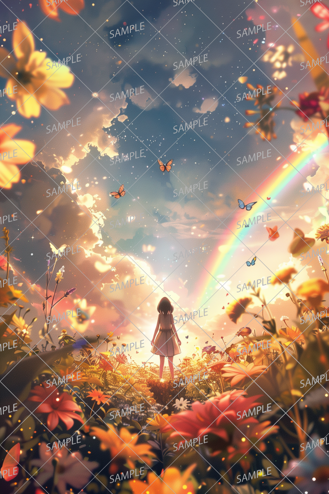 AC-0064 A girl in a flower field illuminated by the setting sun and a rainbow