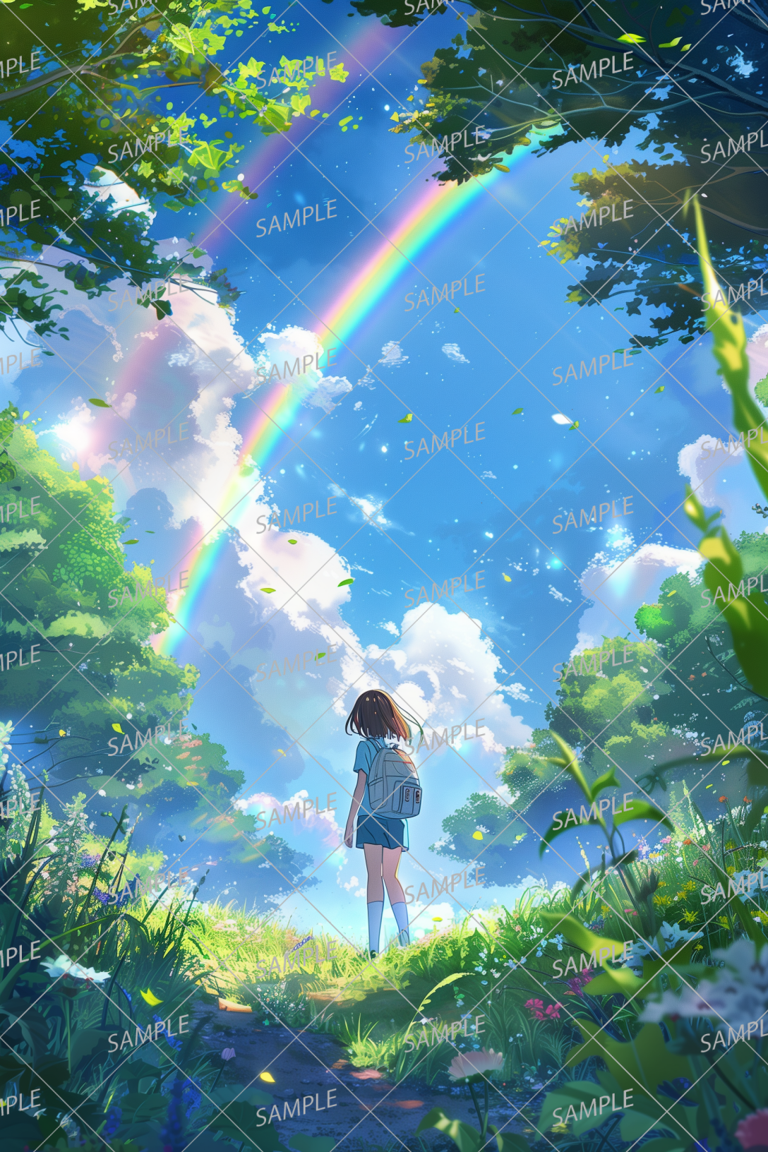 AC-0068 A girl and a perfect blue sky with a rainbow