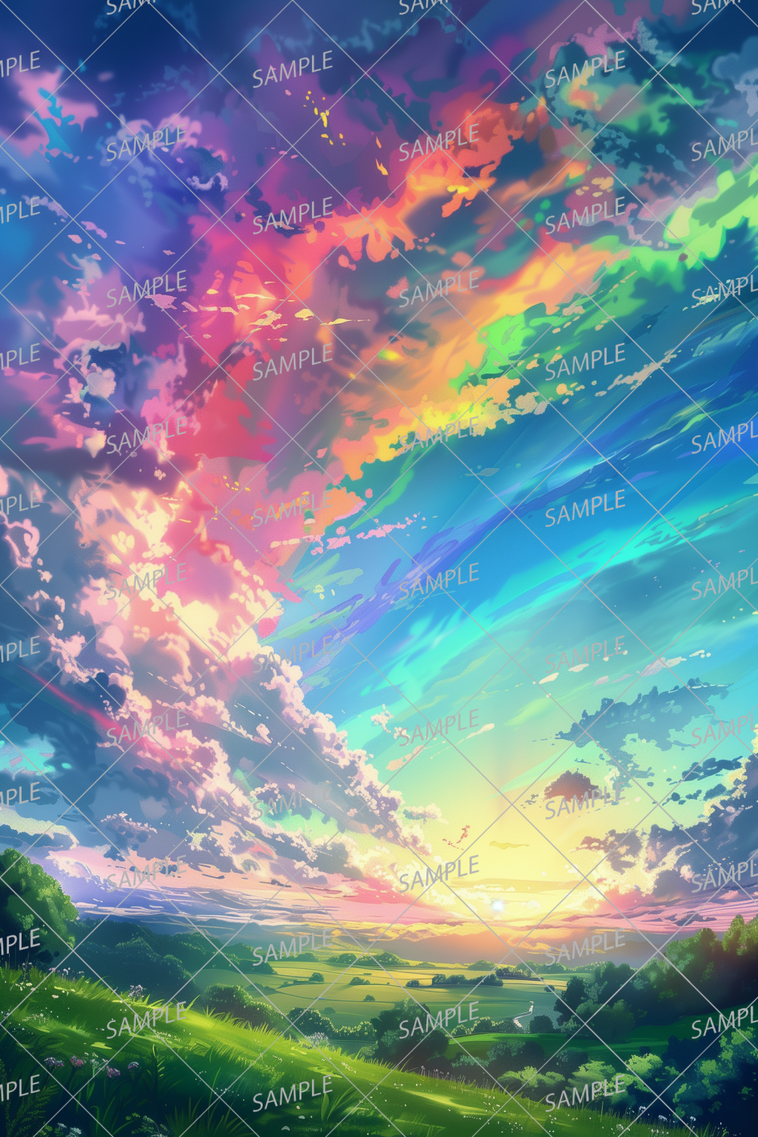 AC-0072 Rainbow-colored sky and grassland