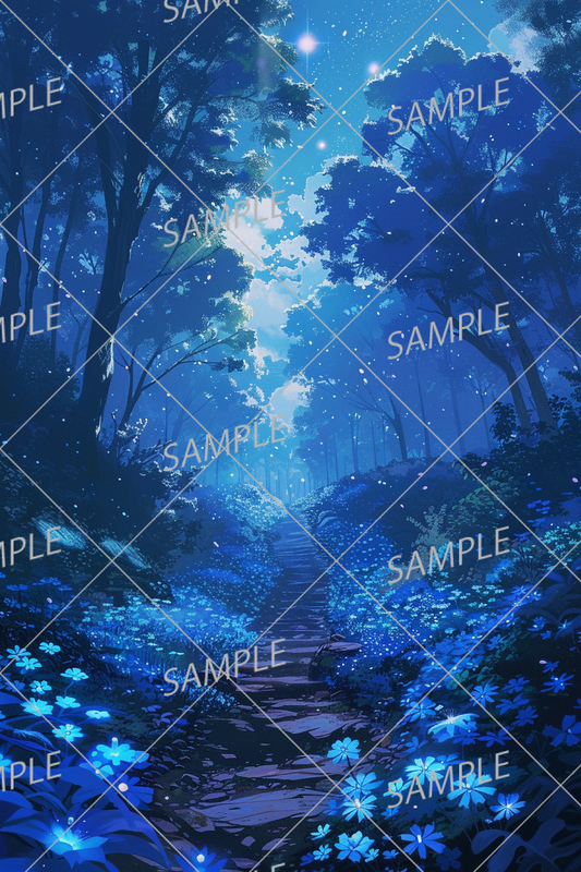 AC-0078 A fantastical forest of blue flowers with shining stars