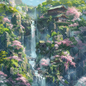 AC-0118 A temple on a cliff surrounded by falling cherry blossoms