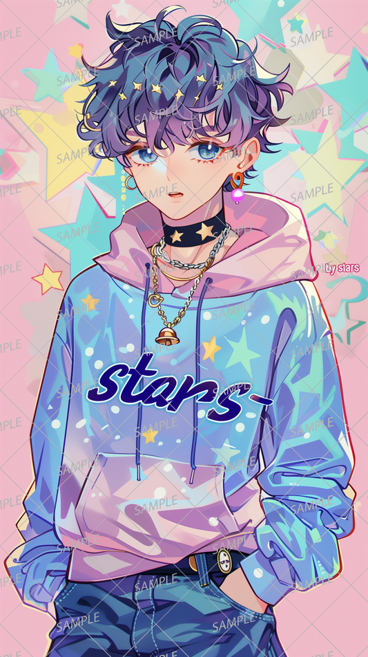 AC-0135 A blue-haired boy wearing a star-patterned hoodie