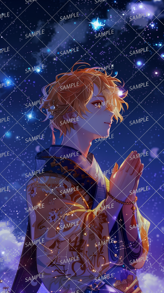 AC-0144 A blonde man in a kimono praying to the stars