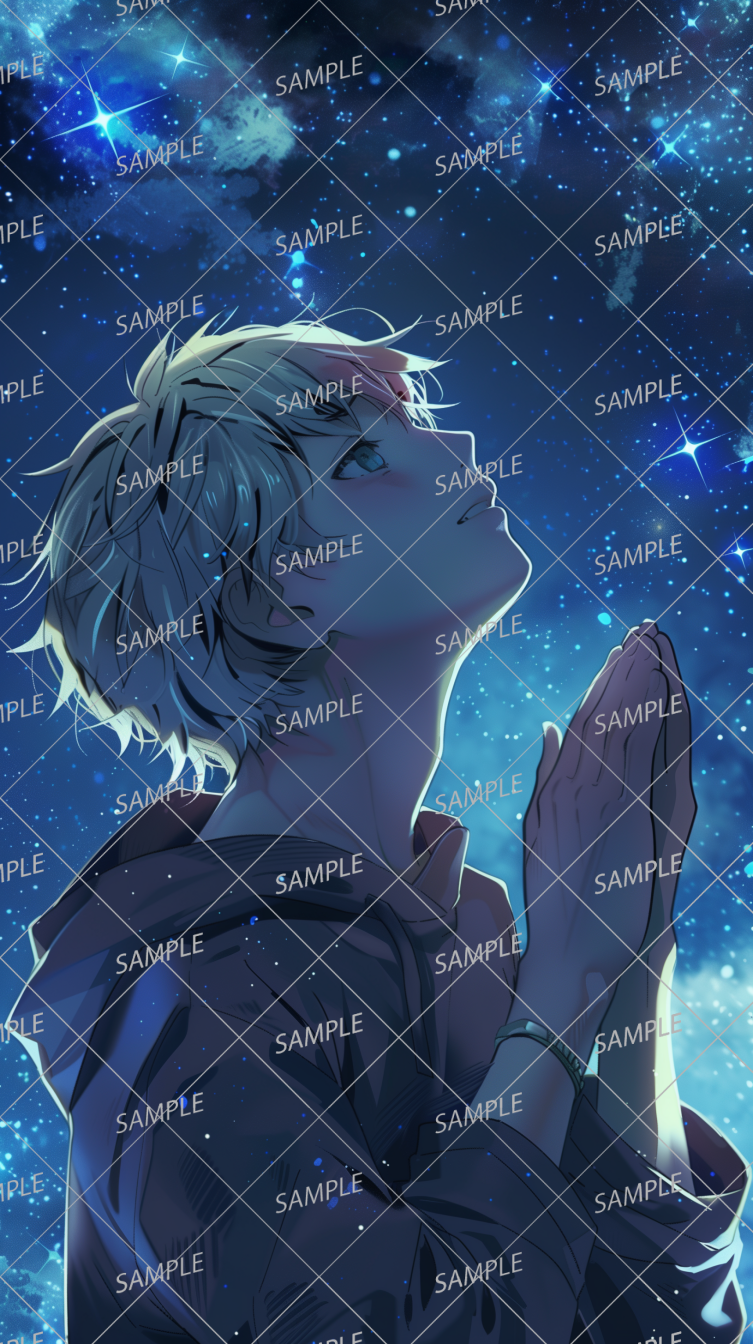 AC-0151 A blonde boy praying under the stars