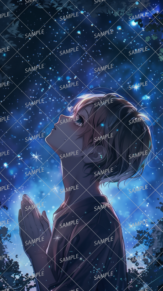 AC-0152 A boy praying while looking up at the starry sky