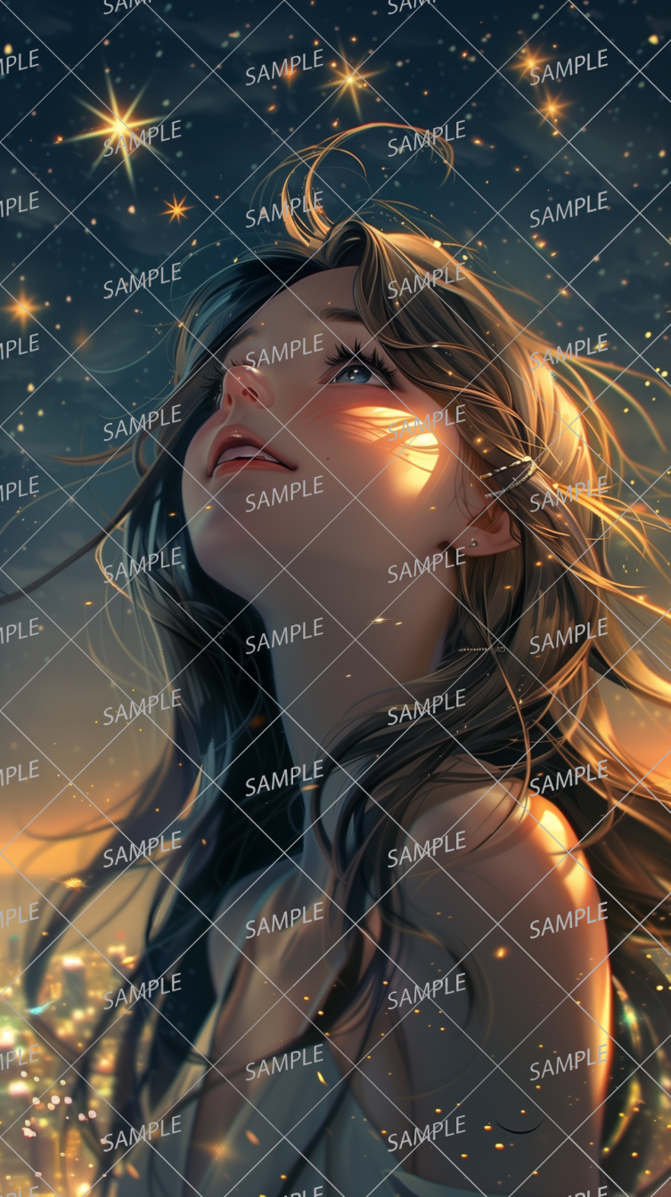 AC-0156 A girl with long eyelashes looking up at the starry sky