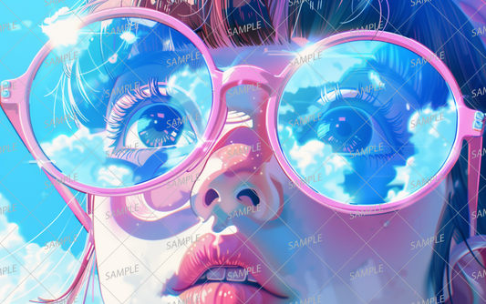 AC-0178 A girl with pink glasses reflecting in the blue sky