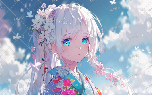 AC-0196 A white-haired girl wearing a bright kimono with a floral pattern