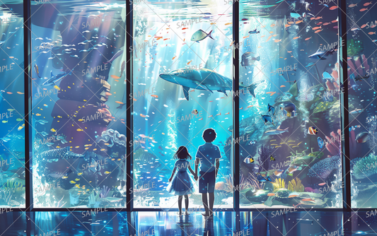 AC-0208 Brothers holding hands in front of a large aquarium