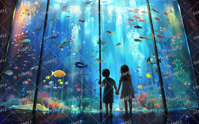 AC-0209 Little brothers and sisters holding hands in front of a large aquarium tank, couple