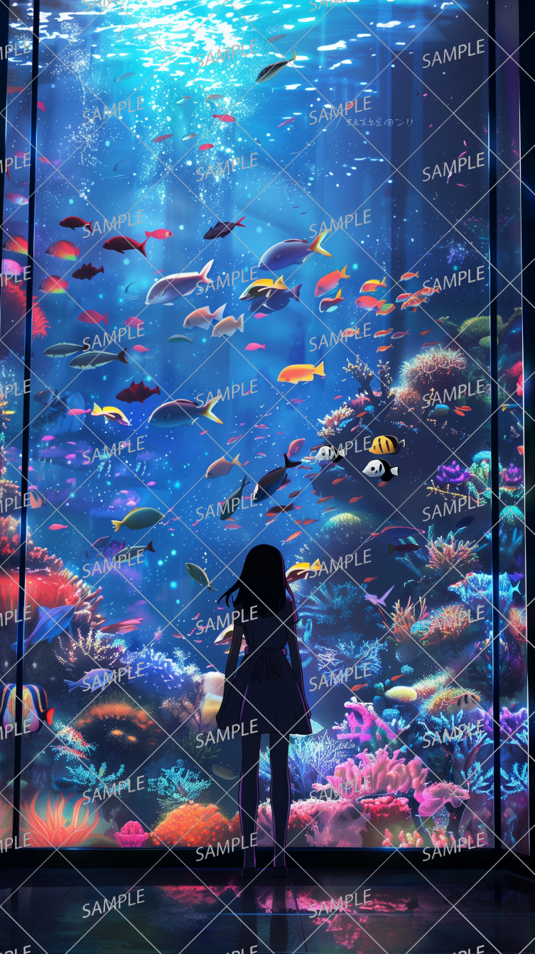 AC-0210 A girl standing in front of a colorful aquarium tank