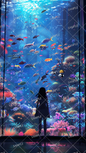 AC-0210 A girl standing in front of a colorful aquarium tank