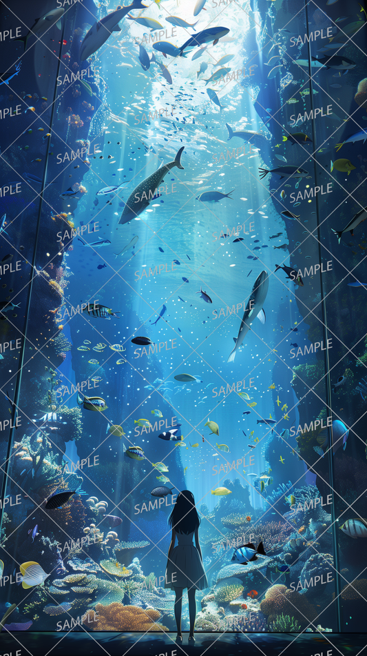 AC-0213 A woman standing in front of a large aquarium