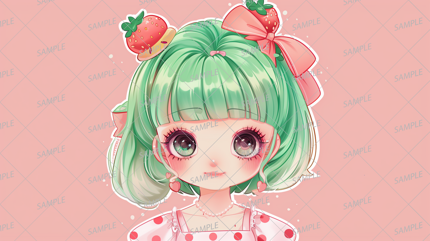 AC-0251 Green-haired girl with strawberry hair accessory