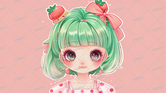 AC-0251 Green-haired girl with strawberry hair accessory