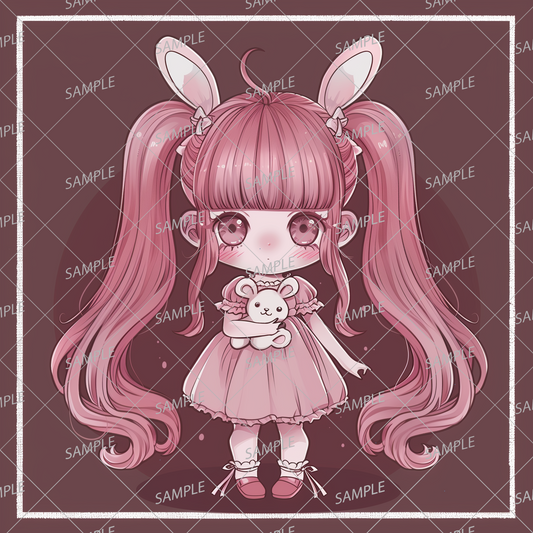 AC-0280 Retro girl with bunny ears holding a stuffed toy