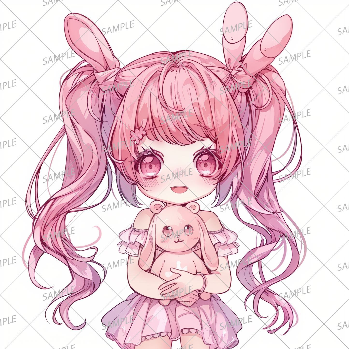 AC-0283 A pale pink twin-haired girl holding a stuffed toy