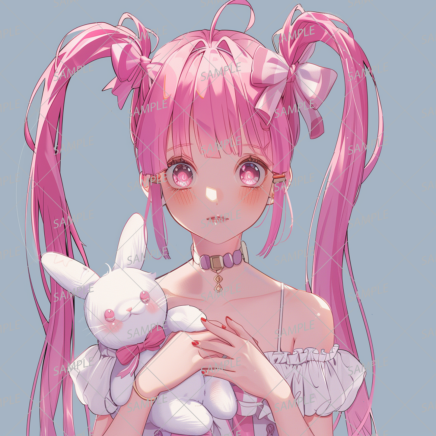 AC-0287 Off-shoulder pink haired girl holding a stuffed rabbit and wearing a choker