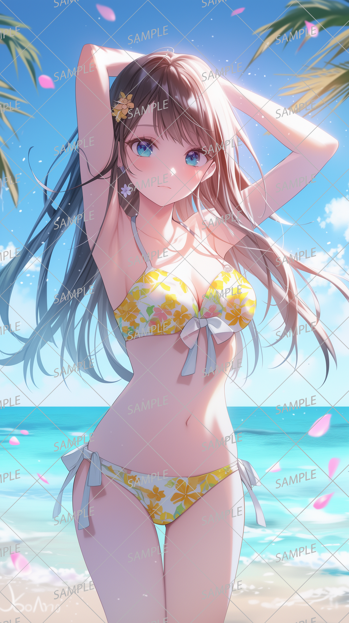 AC-0314 A girl wearing a yellow bikini with a floral pattern