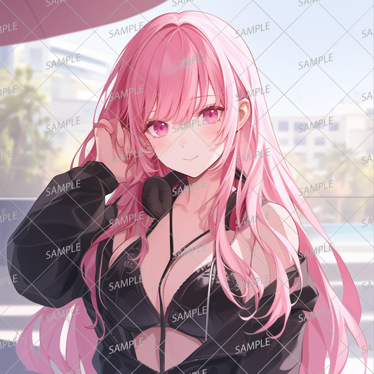 AC-0343 A woman in a black bikini with pink hair tucking her hair behind her ear