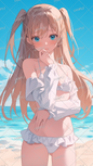 AC-0352 A girl in a white frilly bikini begging at the beach