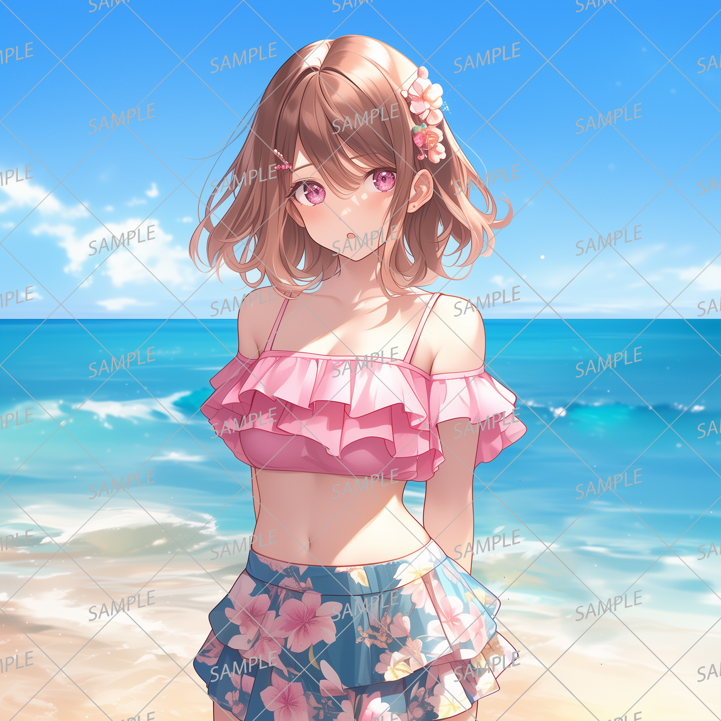 AC-0357 A girl in a pink bikini looking away, her hair blowing in the wind at the beach